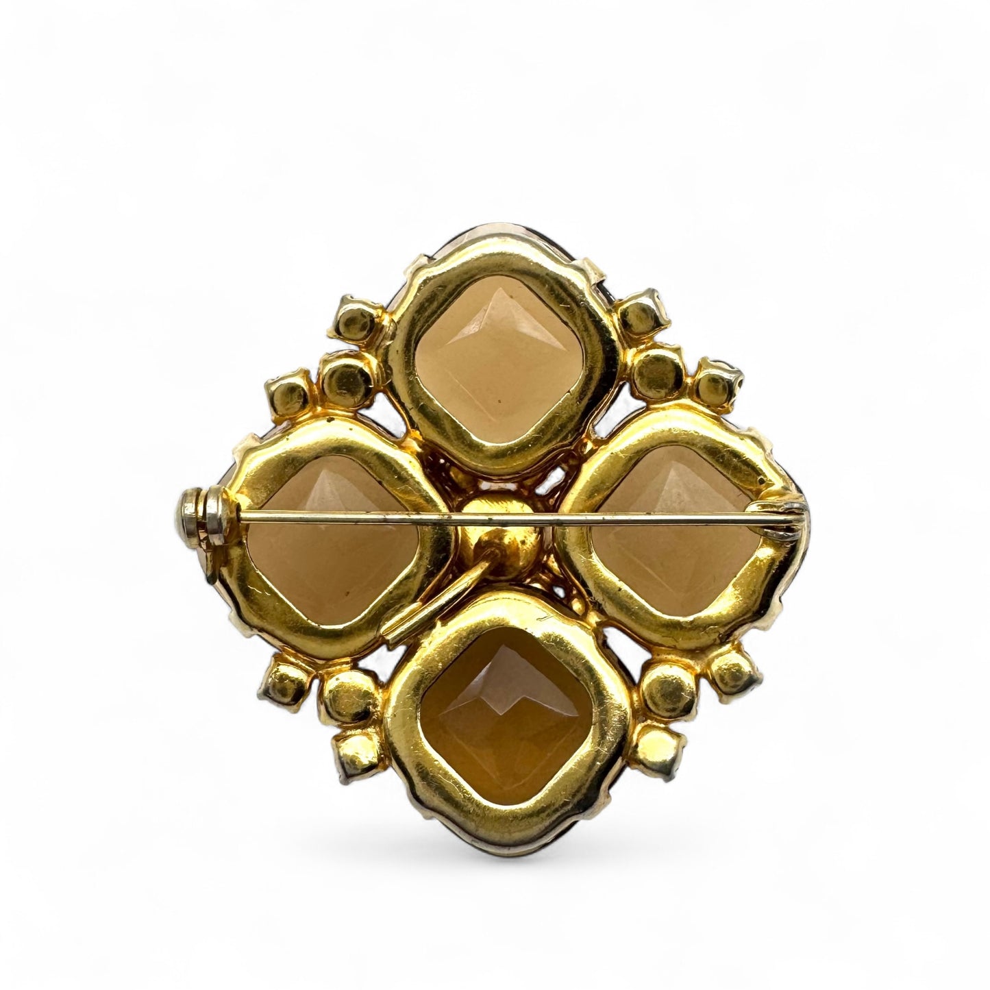 1950s Open Back Cushion-Shaped Topaz Glass Quatrefoil Brooch