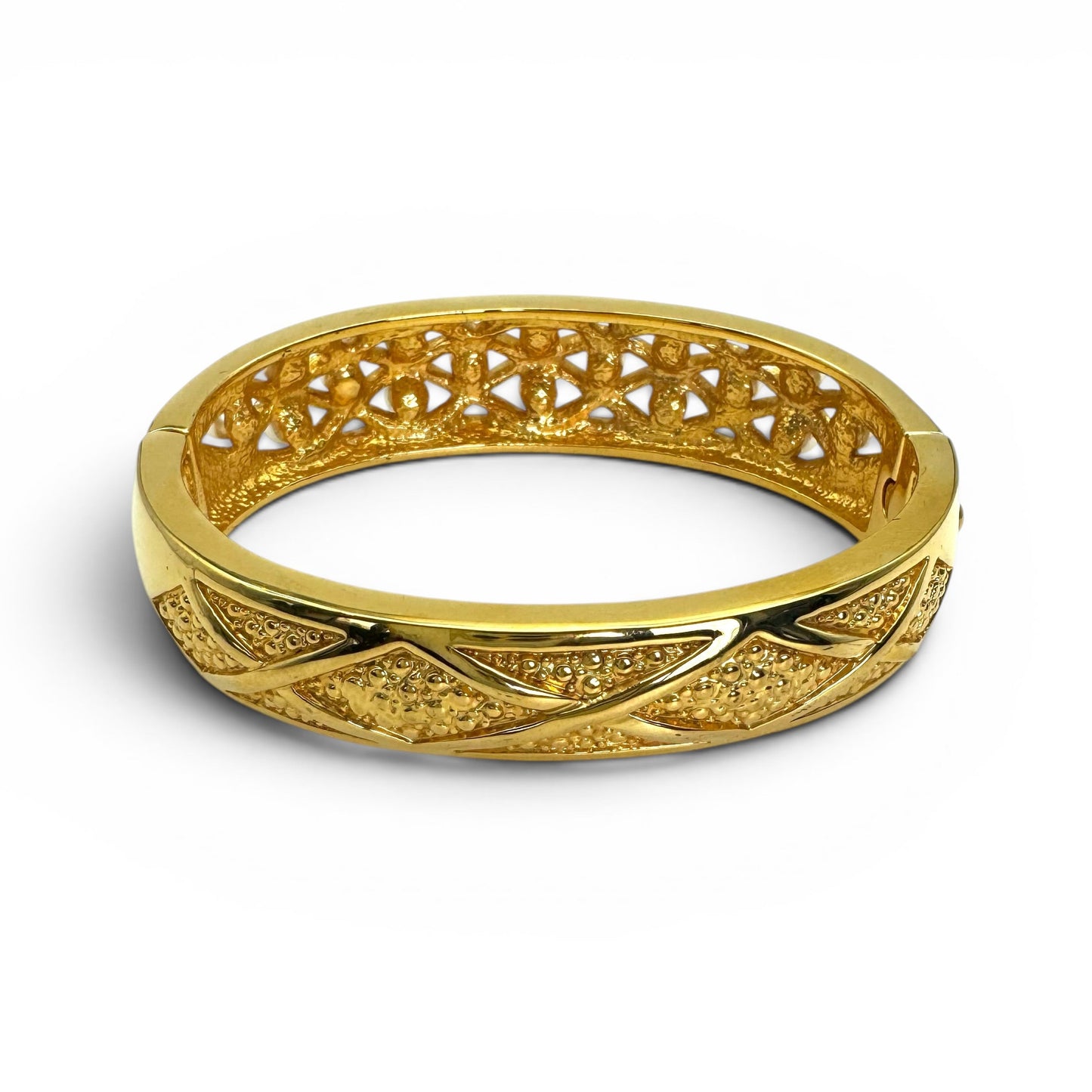 Camrose and Kross JBK 18ct Gold Plated Lattice Glass Faux Pearl and Swarovski Crystal Hinged Bangle