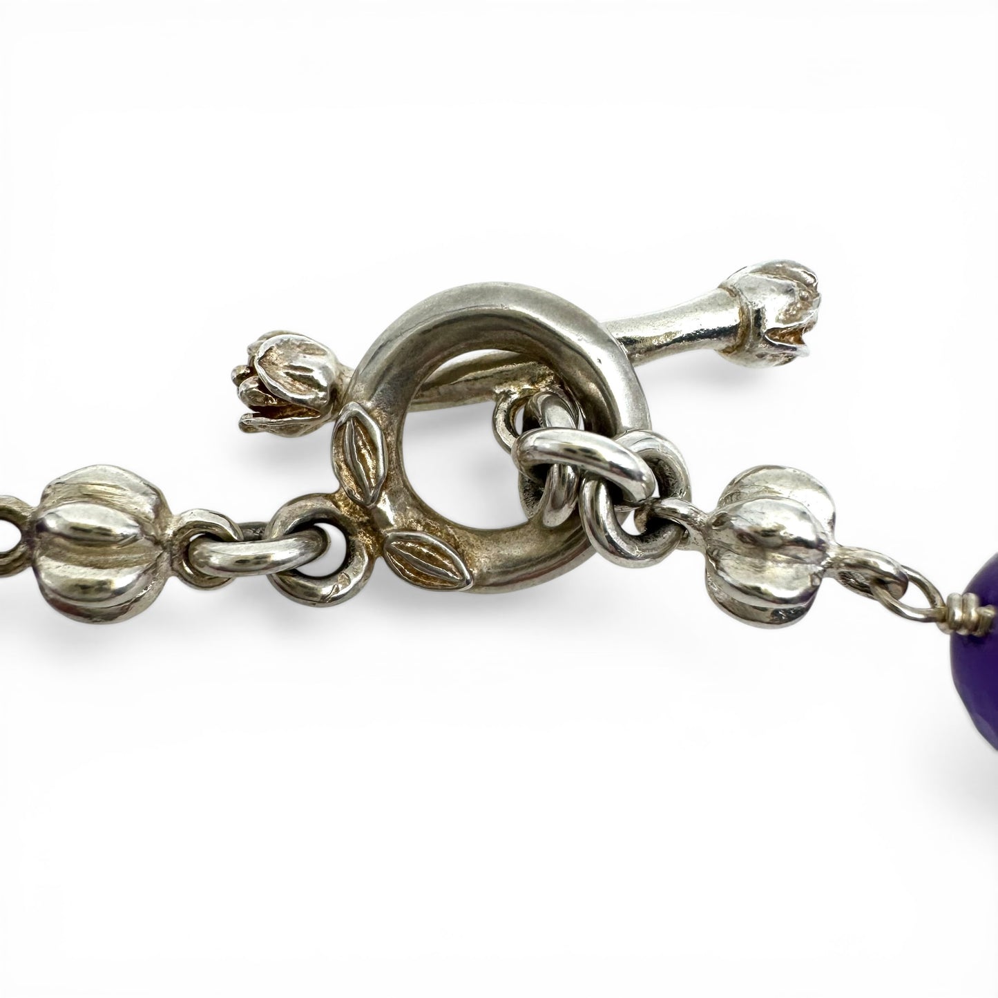 Dower & Hall Amethyst & Freshwater Peacock Pearl Talisman Necklace Engraved 'Love Happiness Luck' in Original Box