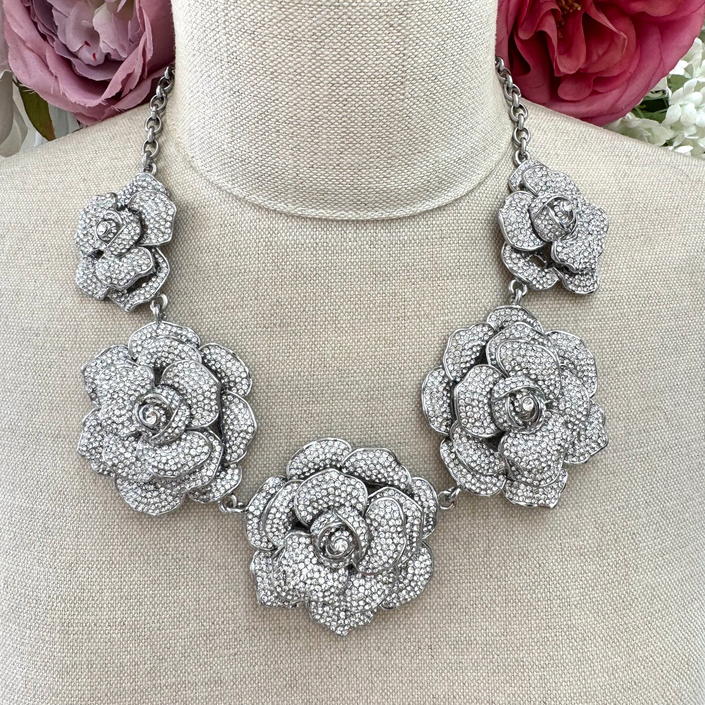 Butler and Wilson Five Graduated Crystal Flower Pavé-Set Austrian Crystal Statement Necklace (Future Collectible)