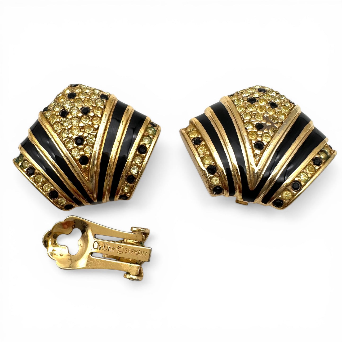 Christian Dior Germany Gold Plated Black Enamel and Pale Lemon & Black Swarovski Crystal Parure (Imperfect)