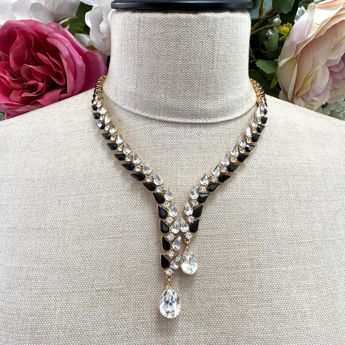 Monet Statement 1980s Swarovski Crystal Y-Necklace with Dual Teardrop Crystal Pendants in Original Box