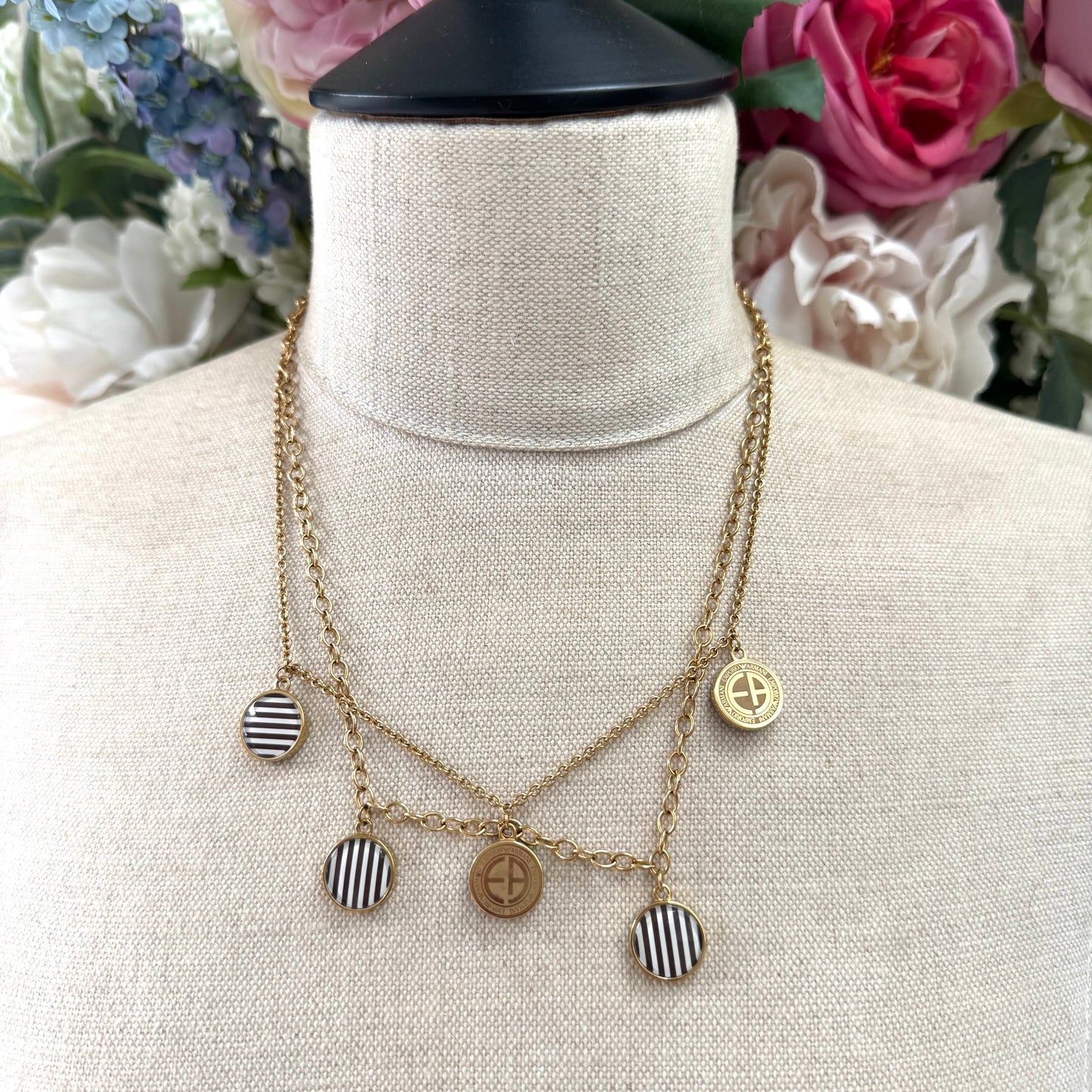 Emporio Armani Gold Plated Double Chain and Five Logo Medallion Necklace