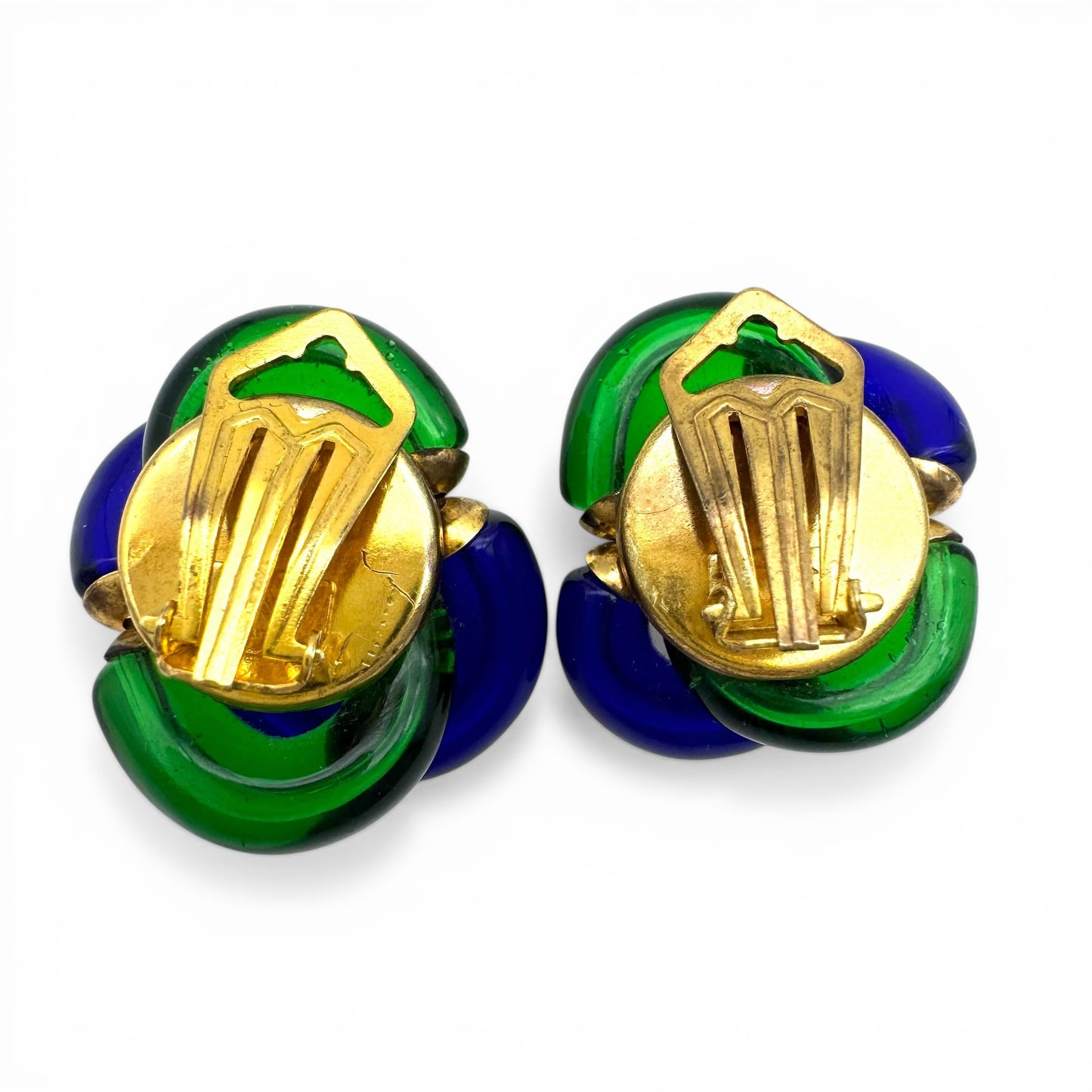 Archimede Seguso for The House of Chanel Vintage Murano Glass Clip On Earrings Cobalt Blue and Emerald Green