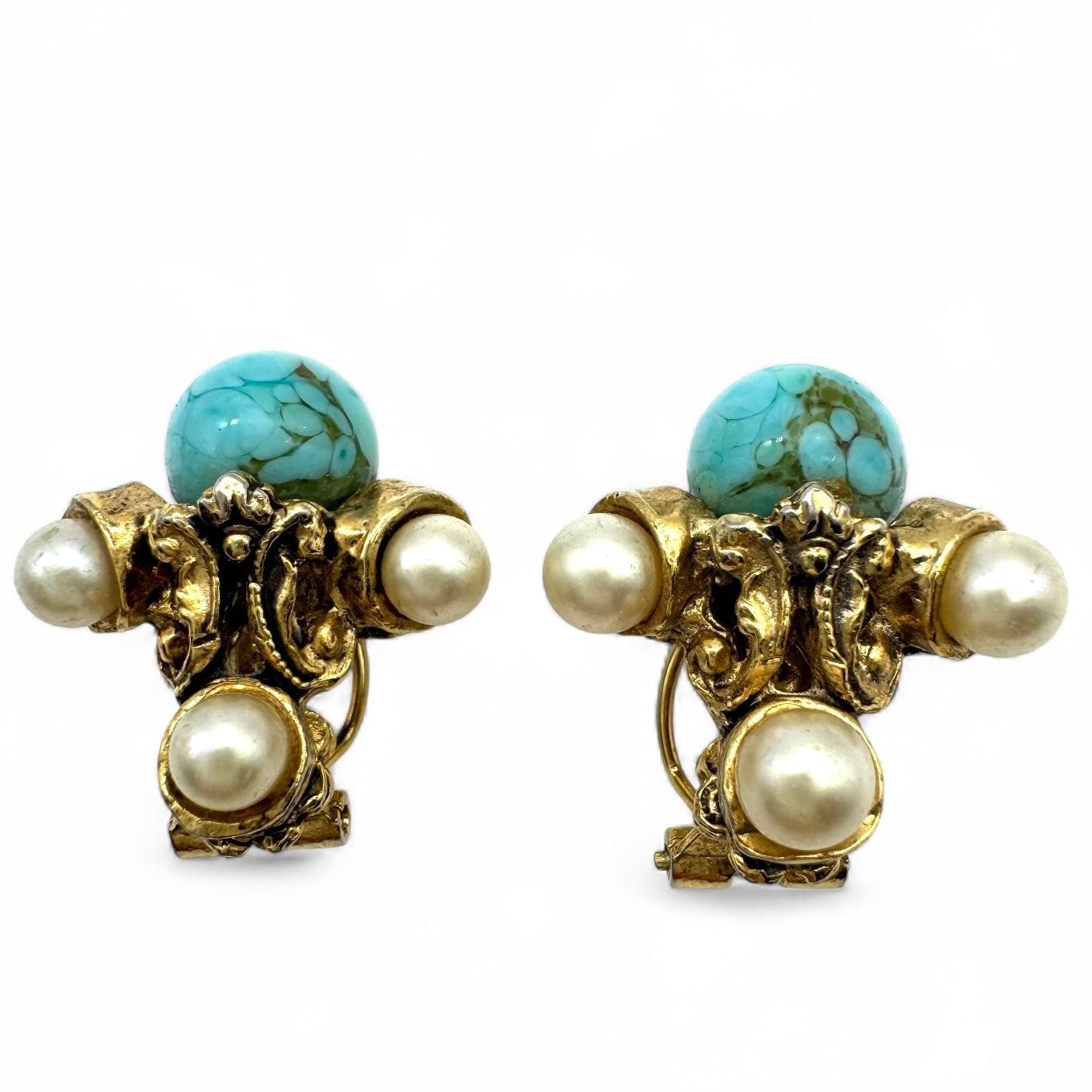 1950s Turquoise Pâte de Verre and Faux Pearl Clip On Earrings In The Manner of Robert Goossens