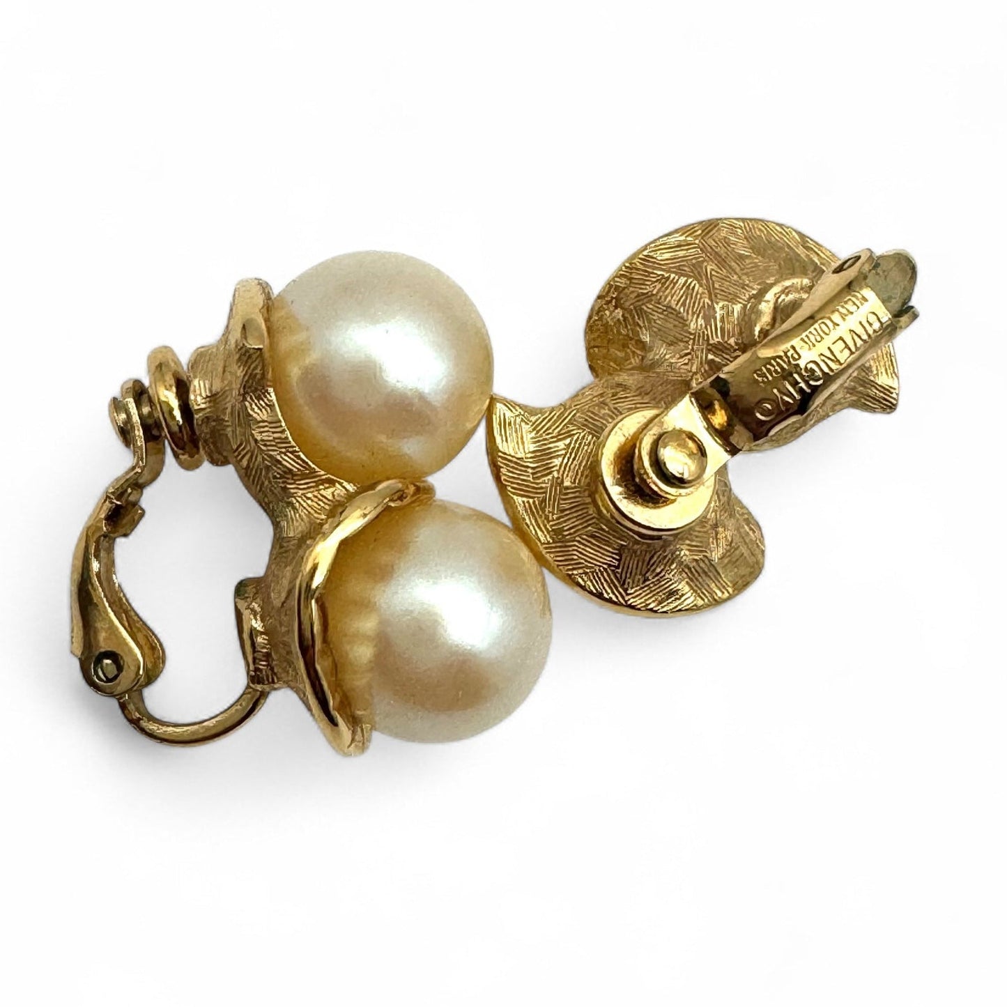Givenchy New York Paris Double Faux Pearl Gold Plated Clip On Earrings