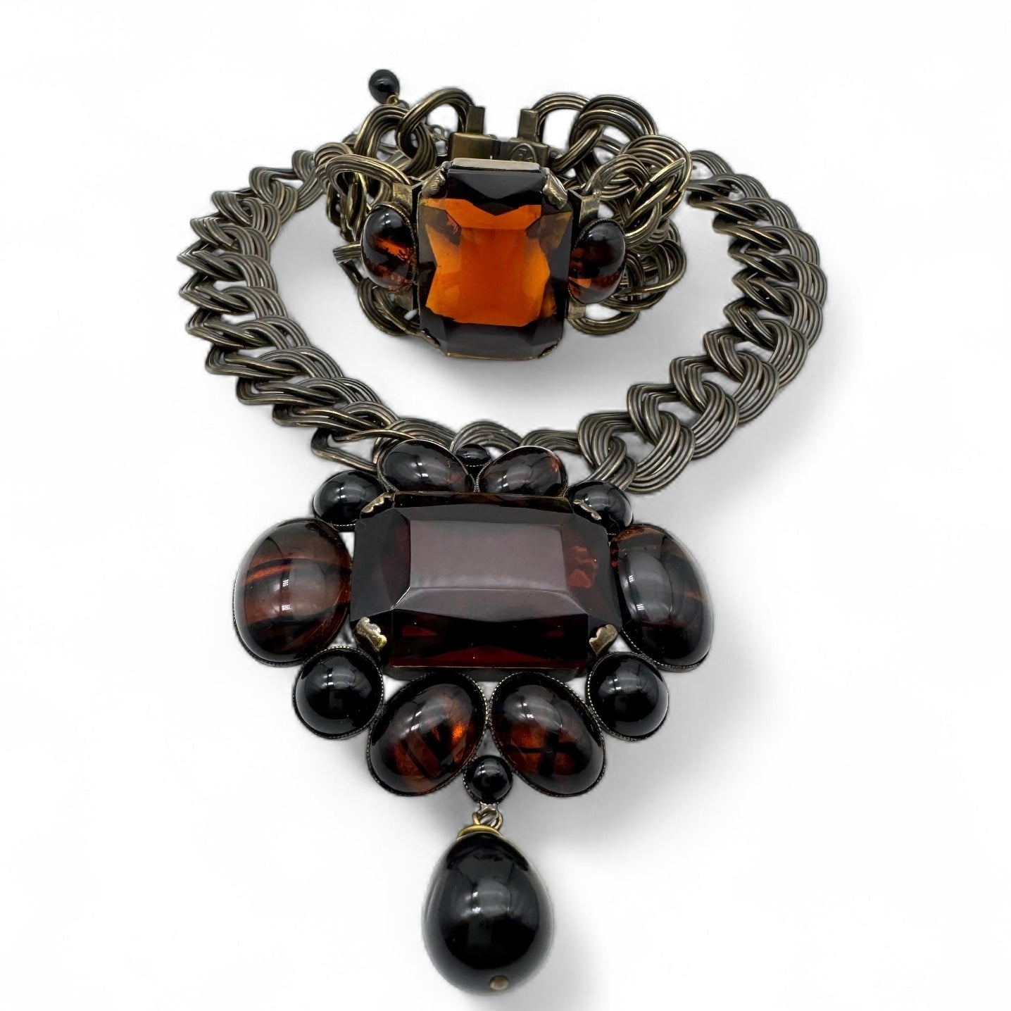 Philippe Ferrandis Huge Antique Bronze Double Flat Link Brown, Black and Striped Topaz Glass Statement Necklace and Bracelet Set