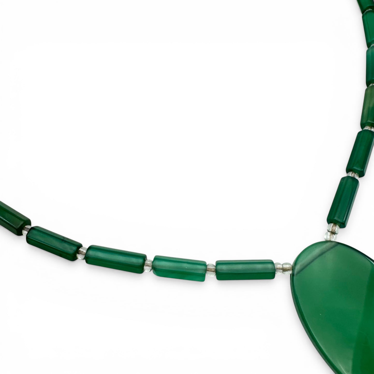 Vintage Art Deco Chrysoprase Hexagonal Tube Bead Necklace with Large Translucent Oval Pendant with Rock Crystal Spacers
