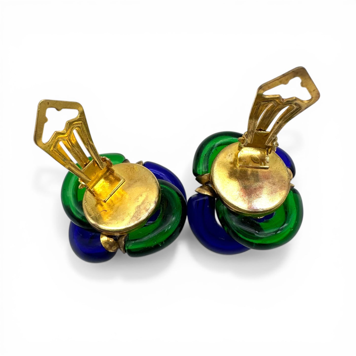 Archimede Seguso for The House of Chanel Vintage Murano Glass Clip On Earrings Cobalt Blue and Emerald Green
