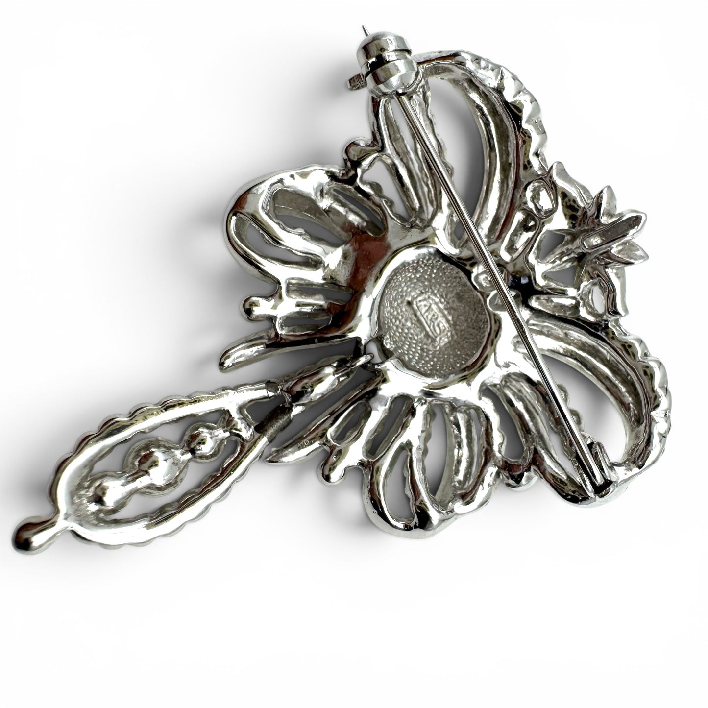 Attwood and Sawyer Rhodium Plated and Swarovski Crystal 'Minuet' Bow Brooch