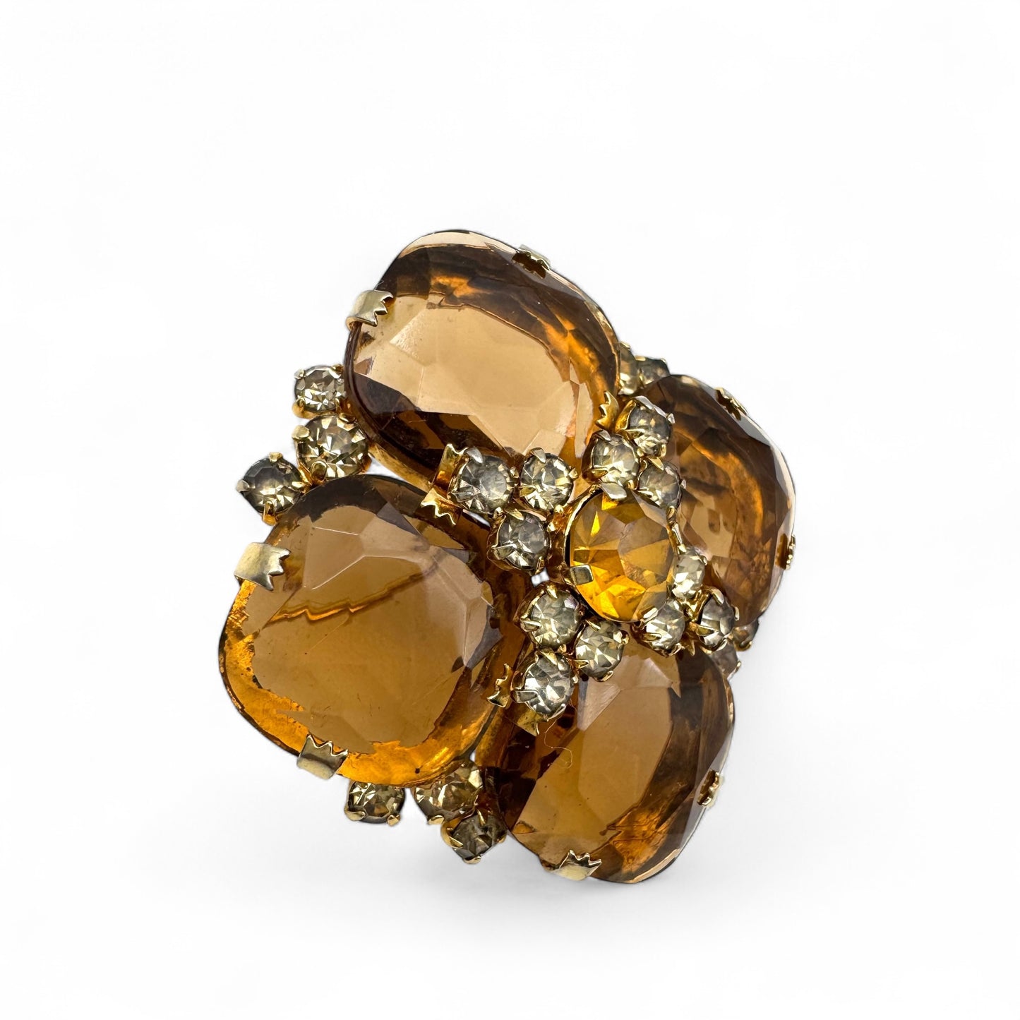 1950s Open Back Cushion-Shaped Topaz Glass Quatrefoil Brooch