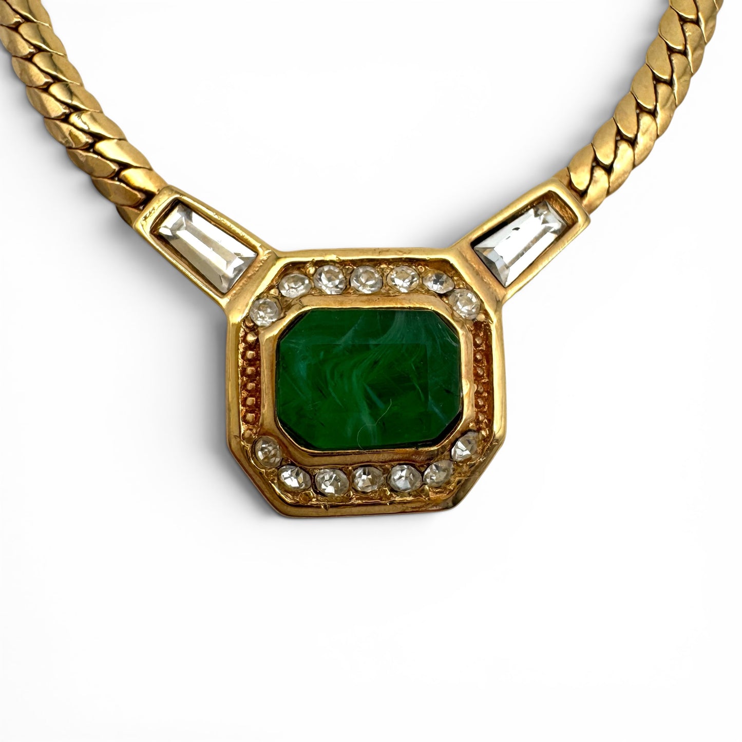 Christian Dior Germany 22ct Gold Plated Flawed Emerald and Crystal Integral Pendant Necklace