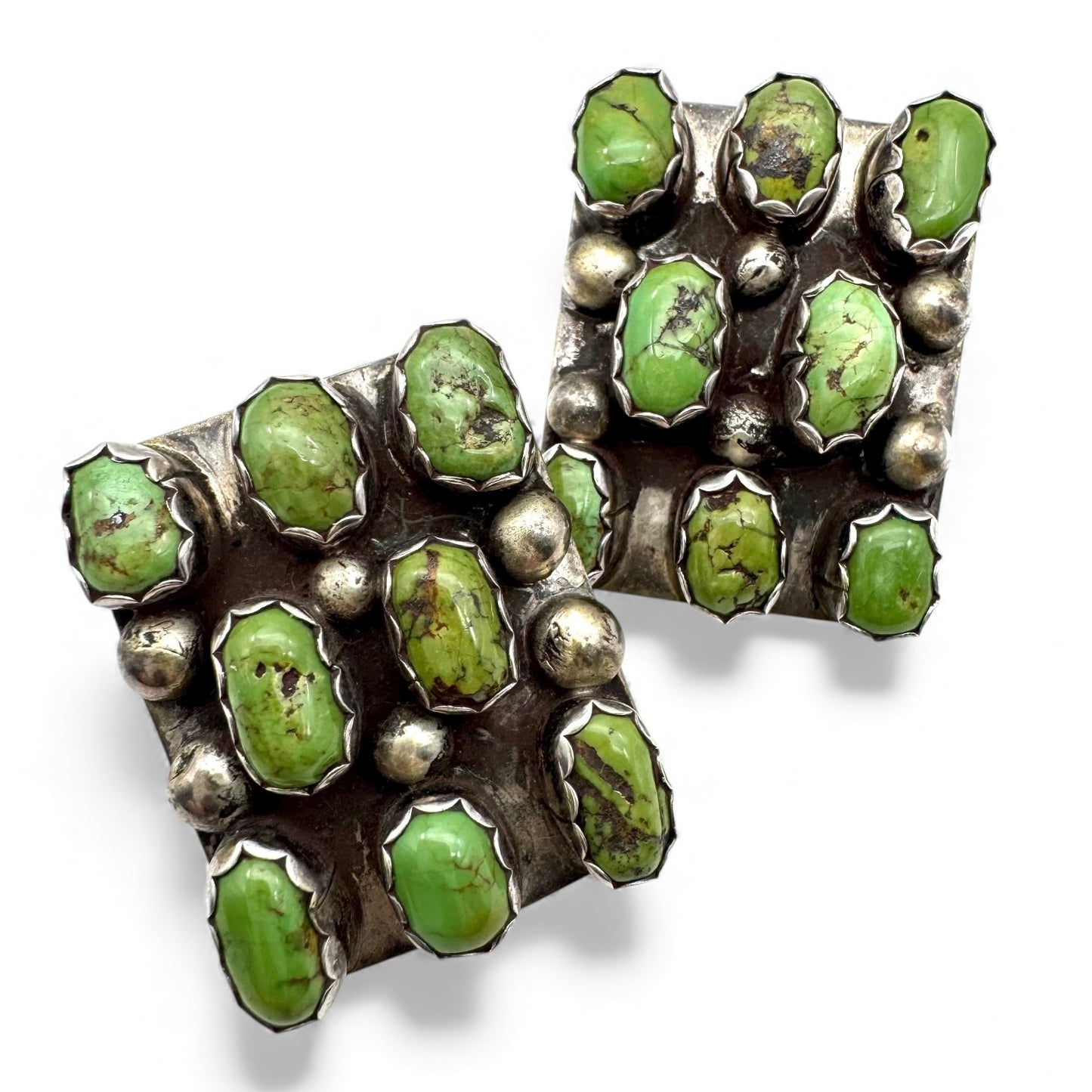 Dorothy Secatero Sterling 'Ds' Navajo Green Turquoise Cluster Pierced Earrings