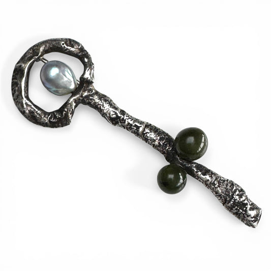 Vintage Sterling Silver Handcrafted Organic Freeform Key Brooch with Baroque Cultured Pearl and Green Stone Accents