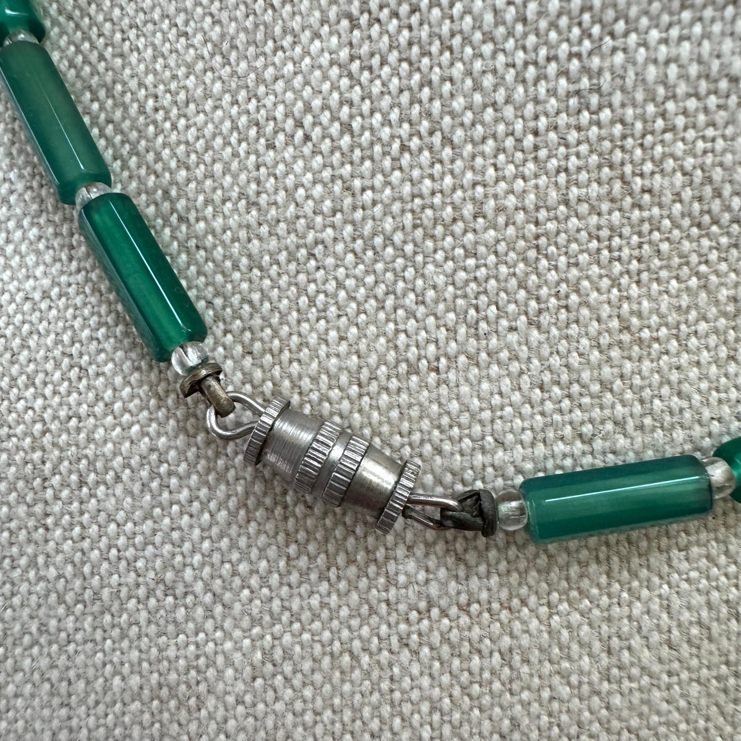 Vintage Art Deco Chrysoprase Hexagonal Tube Bead Necklace with Large Translucent Oval Pendant with Rock Crystal Spacers
