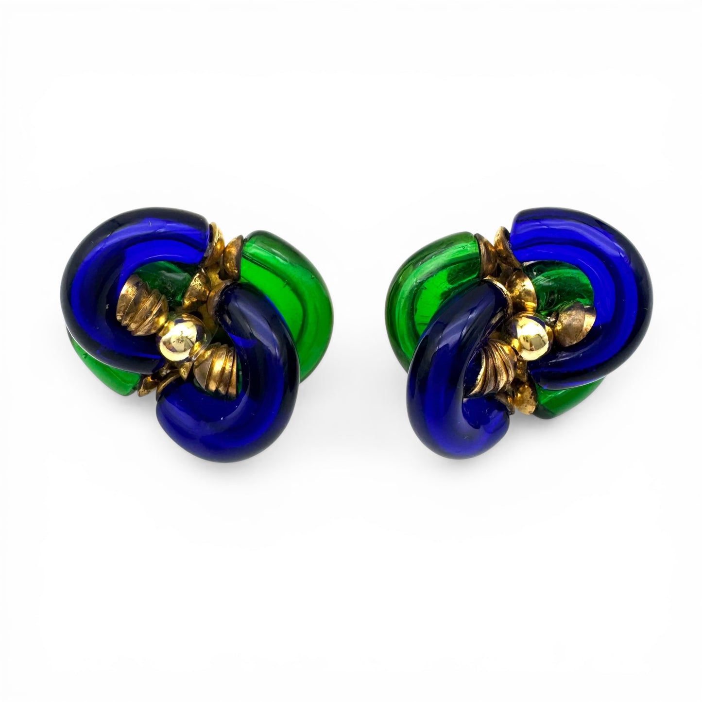 Archimede Seguso for The House of Chanel Vintage Murano Glass Clip On Earrings Cobalt Blue and Emerald Green