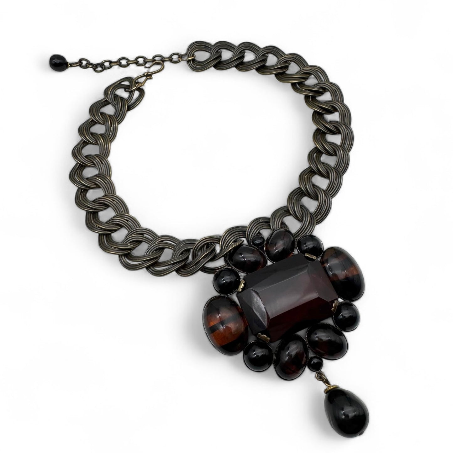 Philippe Ferrandis Huge Antique Bronze Double Flat Link Brown, Black and Striped Topaz Glass Statement Necklace and Bracelet Set