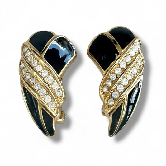 Christian Dior Large Black Enamel and Crystal Clip On Earrings