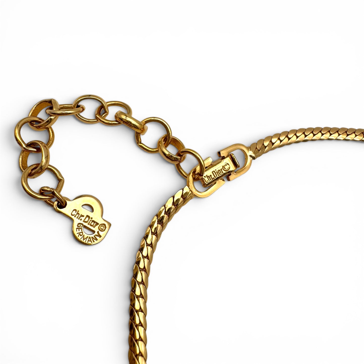 Christian Dior Germany 22ct Gold Plated Flawed Emerald and Crystal Integral Pendant Necklace
