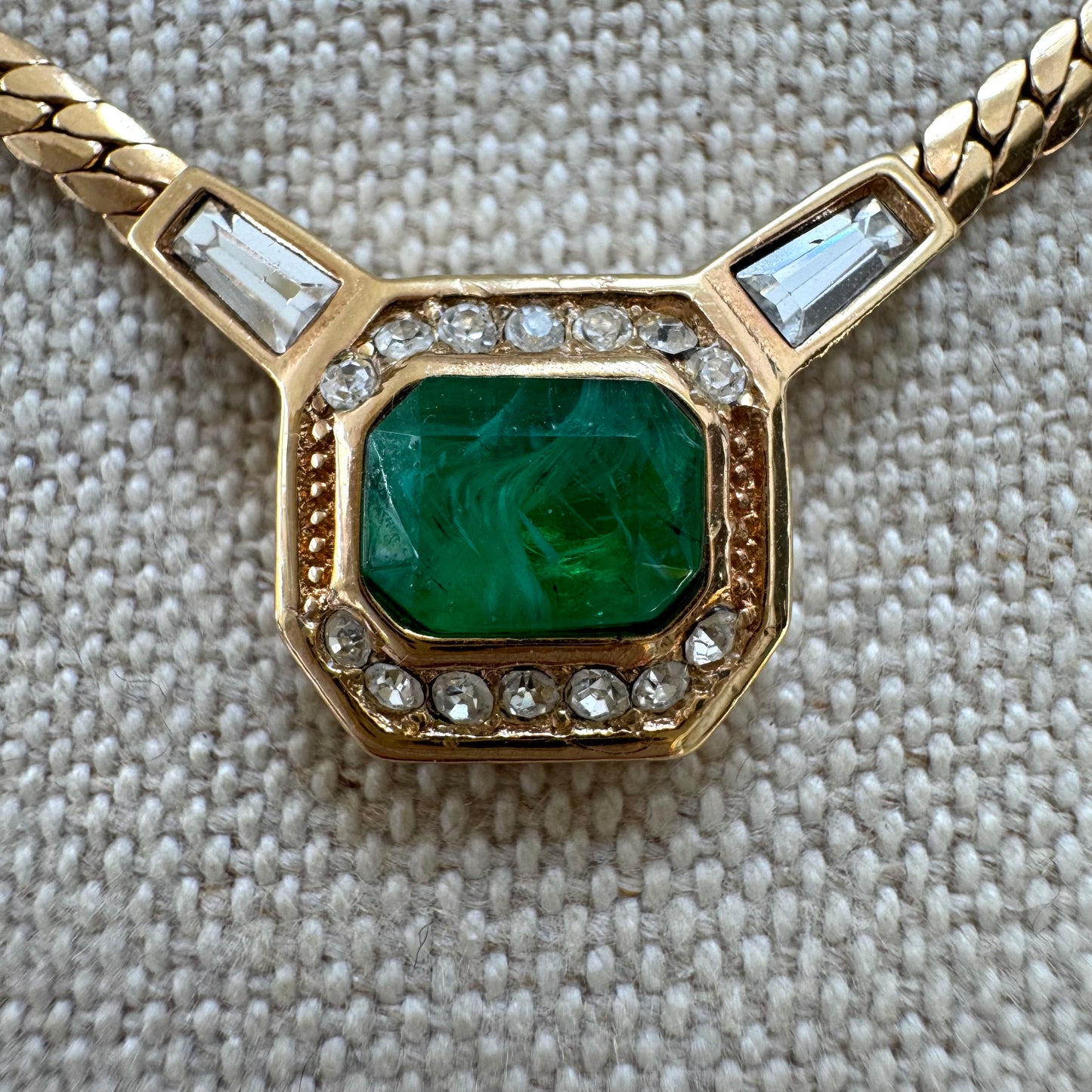 Christian Dior Germany 22ct Gold Plated Flawed Emerald and Crystal Integral Pendant Necklace