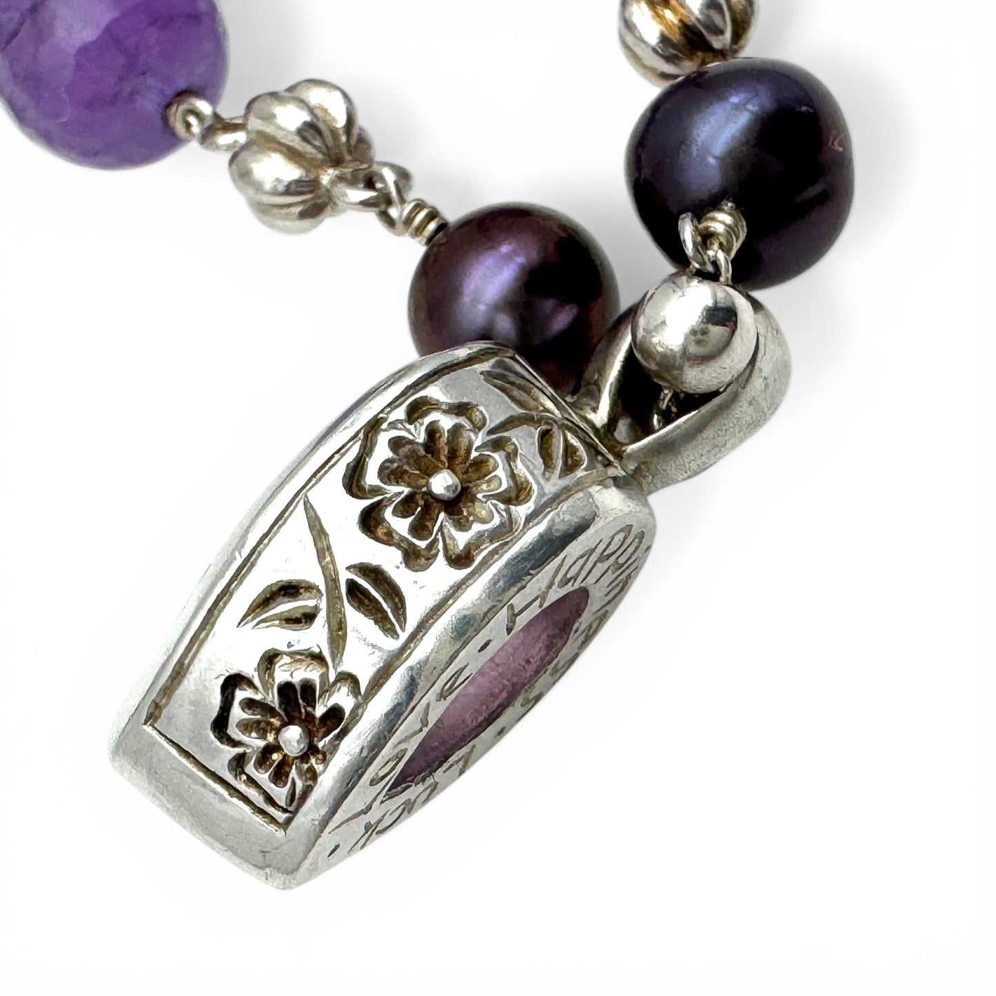 Dower & Hall Amethyst & Freshwater Peacock Pearl Talisman Necklace Engraved 'Love Happiness Luck' in Original Box