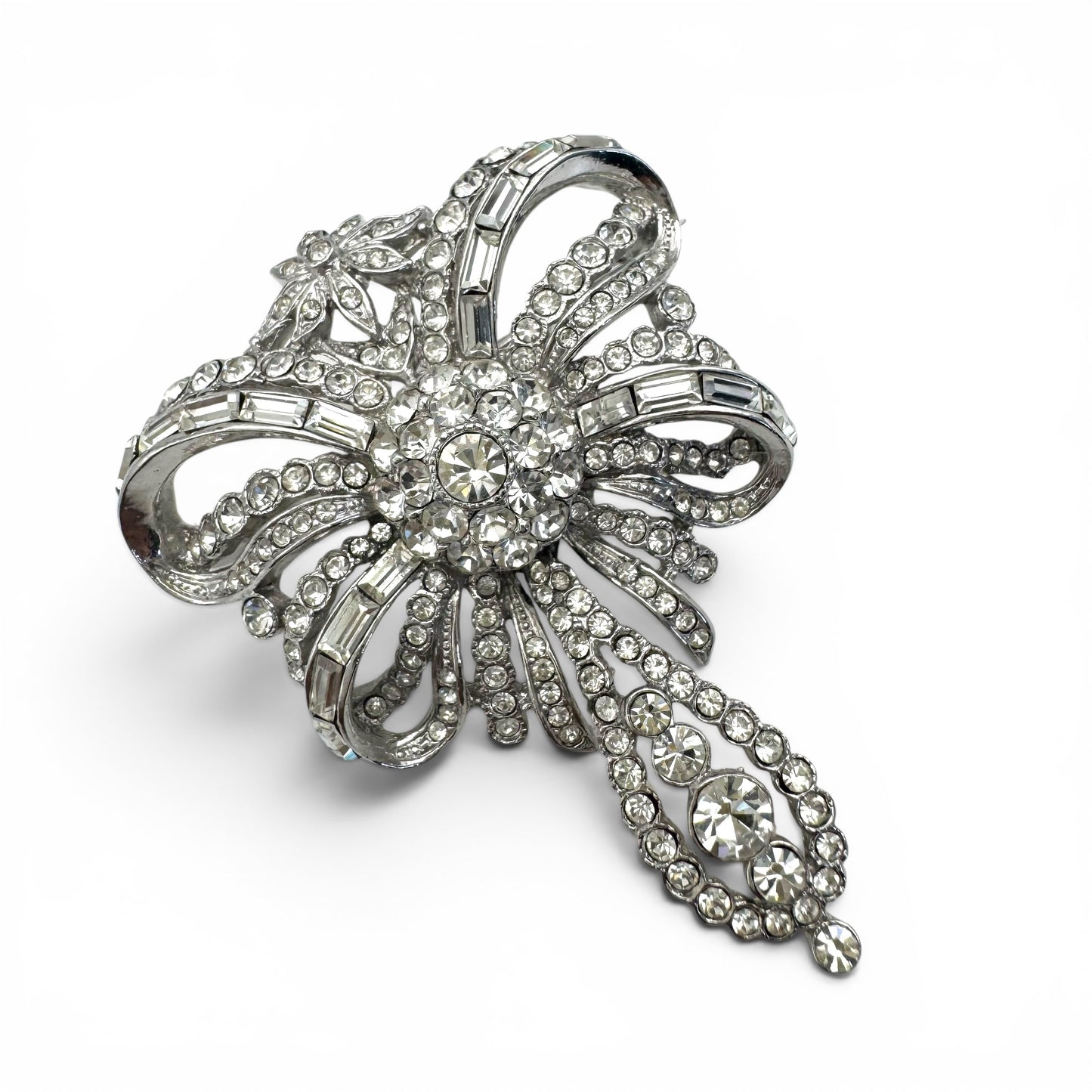 Attwood and Sawyer Rhodium Plated and Swarovski Crystal 'Minuet' Bow Brooch