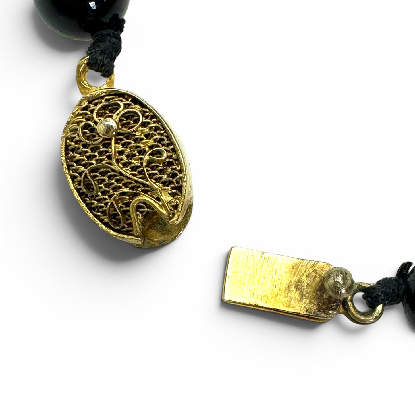 Mid-Century Chinese Export 'Cinnabar Style' Black Onyx Bead Necklace & Earring Suite