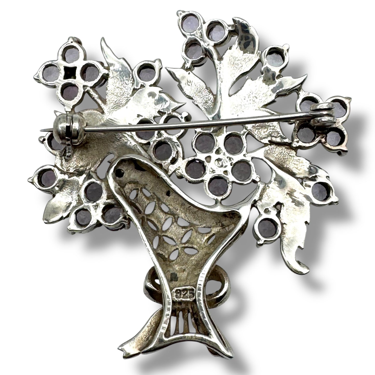 Vintage 925 Silver Victorian Revival Giardinetti Style Amethyst and Marcasite Flower Basket Brooch