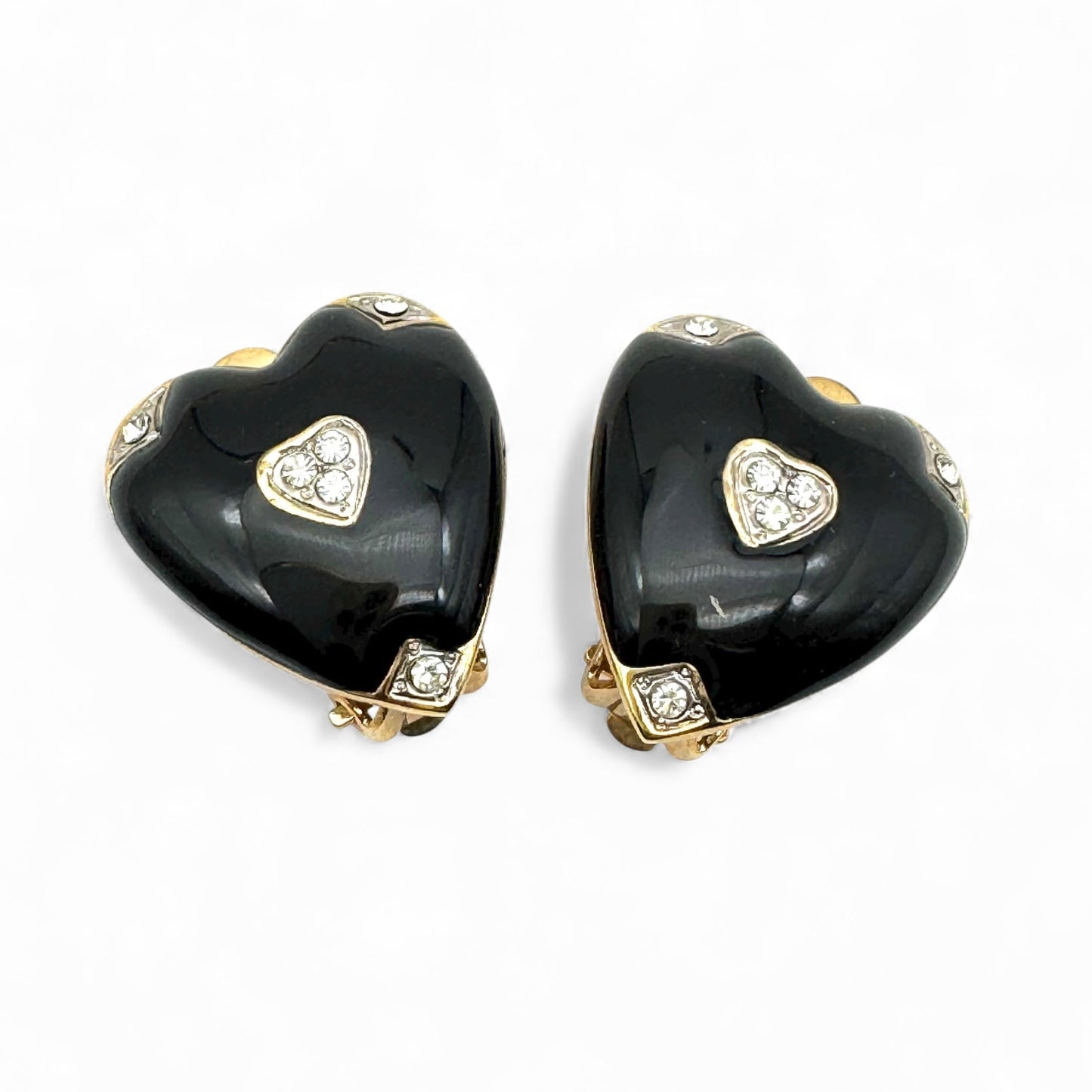 Joan Collins Black Enamel Heart with Swarovski Crystal Accents Clip On Earrings