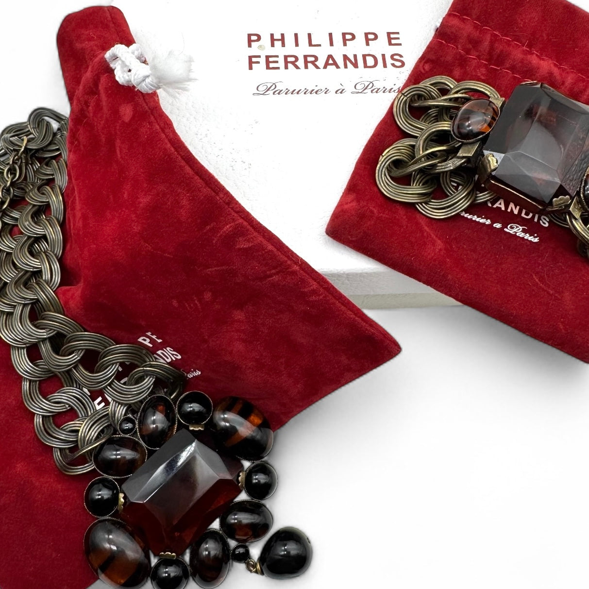 Philippe Ferrandis Huge Antique Bronze Double Flat Link Brown, Black and Striped Topaz Glass Statement Necklace and Bracelet Set