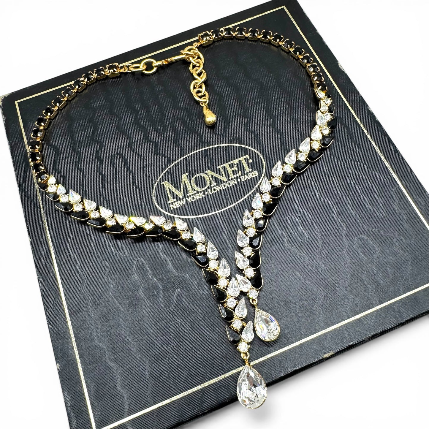Monet Statement 1980s Swarovski Crystal Y-Necklace with Dual Teardrop Crystal Pendants in Original Box