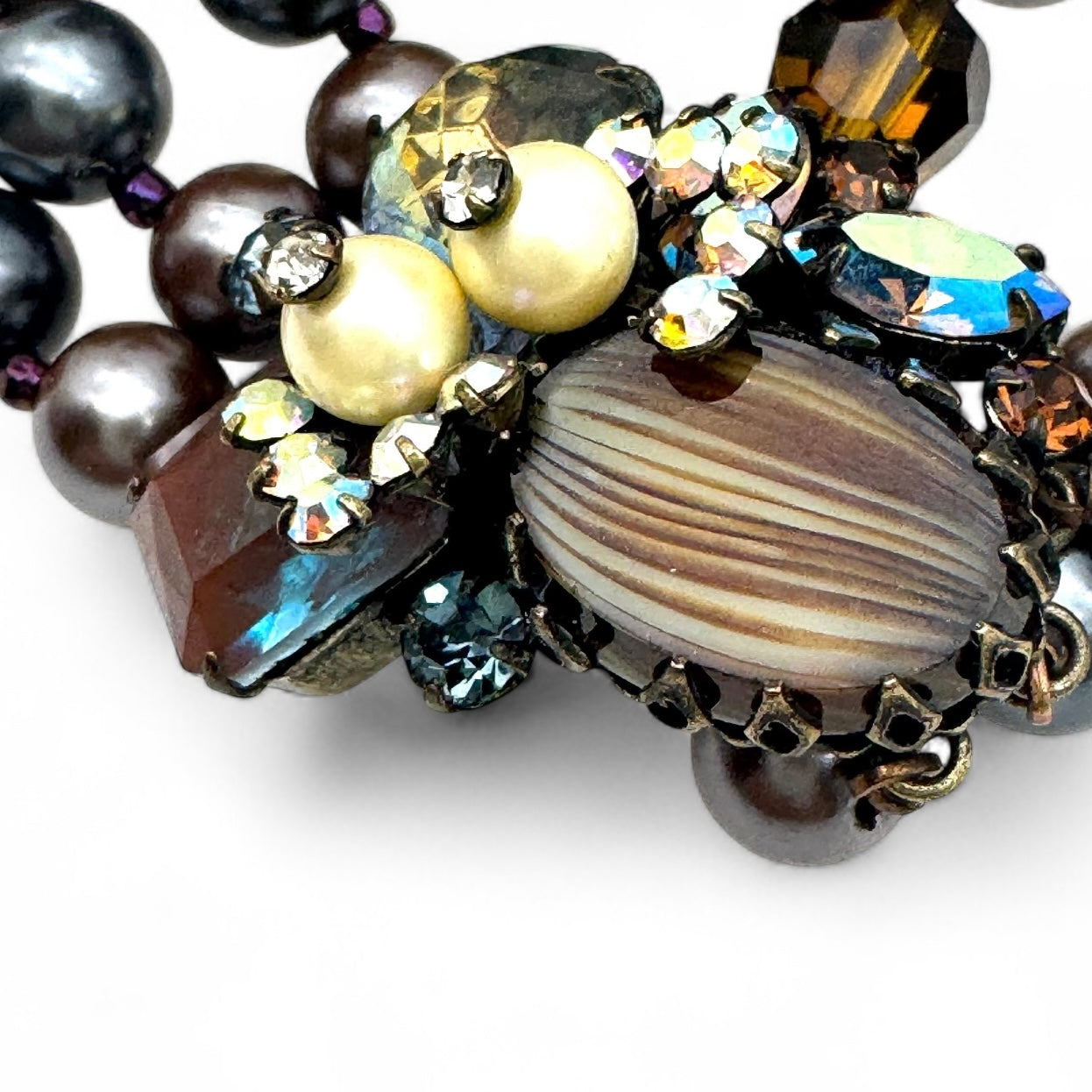 Marvella Sappharine / Saphiret Three Strand Smoky Grey and Chocolate Bronze Faux Pearl Bracelet with Cluster Slide Clasp
