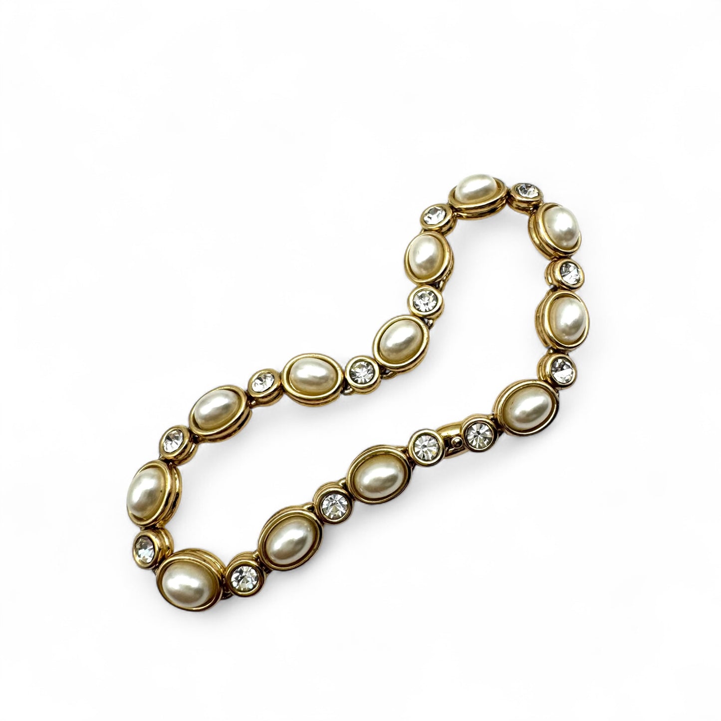 Oval Faux Pearl and Round Crystal Chain Link Bracelet 21cm
