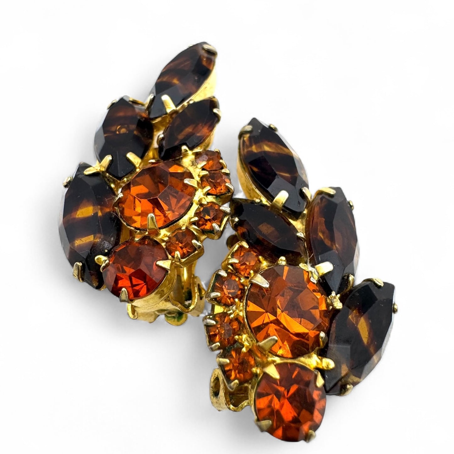1950's Striped Brown Topaz Glass and Tangerine and Mandarin Topaz Rhinestone Clip On Earrings