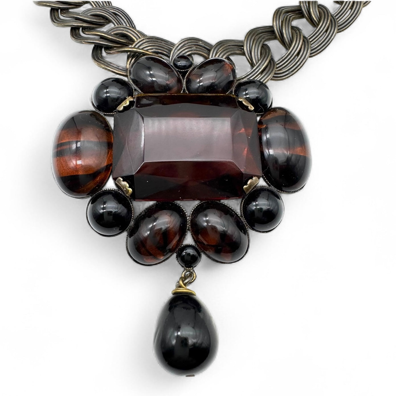 Philippe Ferrandis Huge Antique Bronze Double Flat Link Brown, Black and Striped Topaz Glass Statement Necklace and Bracelet Set