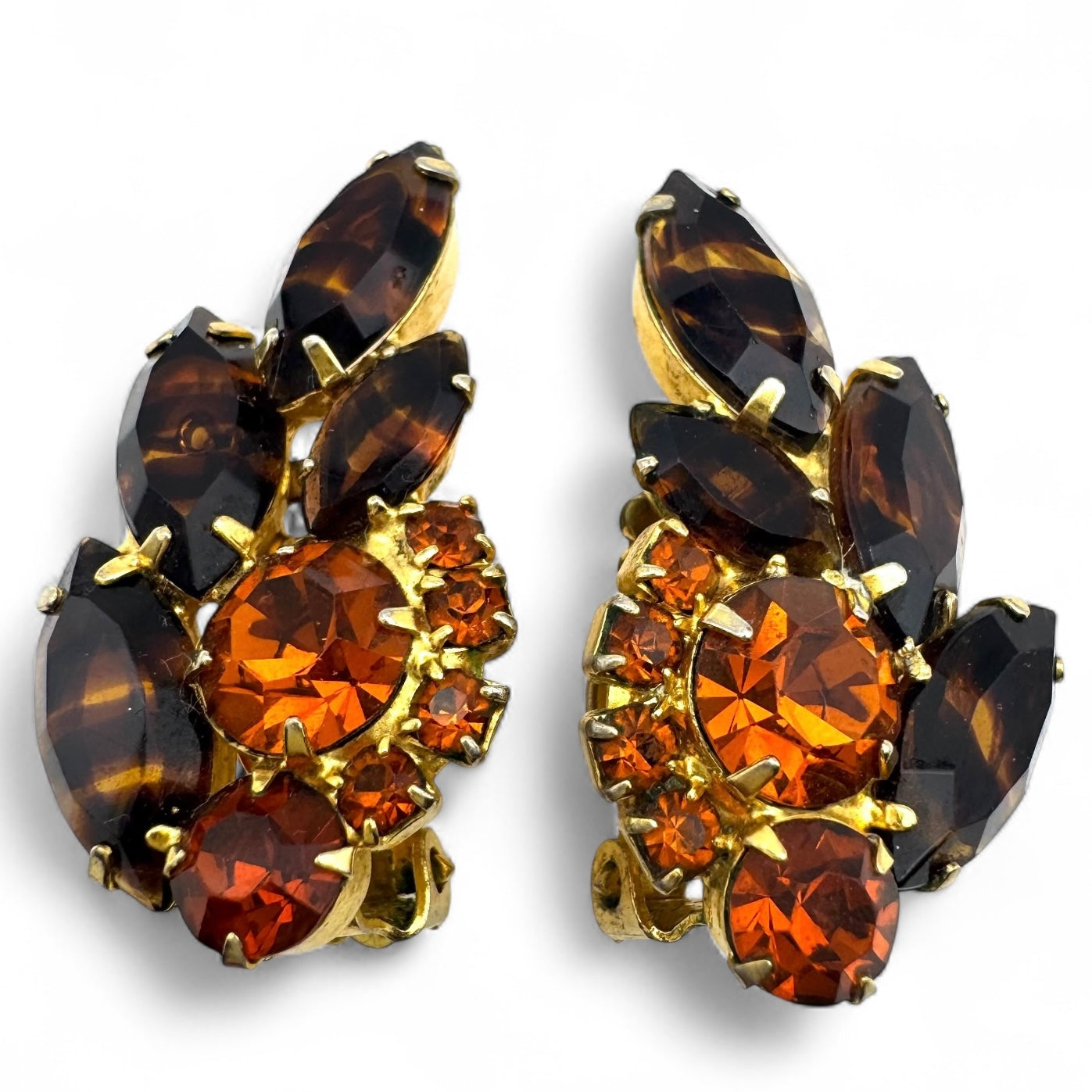 1950's Striped Brown Topaz Glass and Tangerine and Mandarin Topaz Rhinestone Clip On Earrings