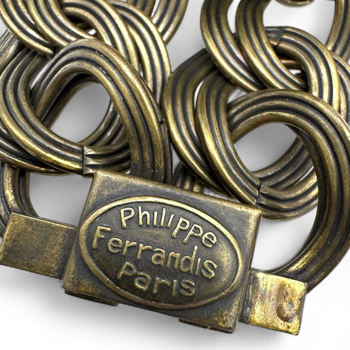 Philippe Ferrandis Huge Antique Bronze Double Flat Link Brown, Black and Striped Topaz Glass Statement Necklace and Bracelet Set