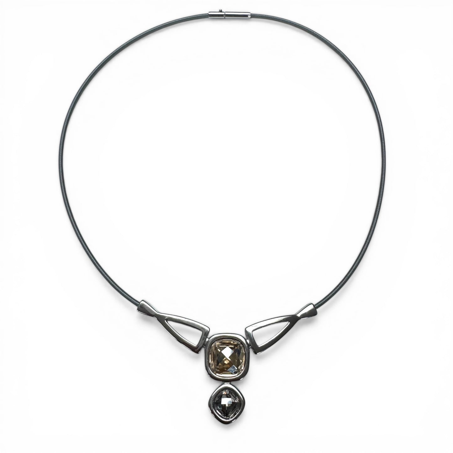 Pierre Lang Rhodium Plated Faceted Crystal Pendant Necklace with Integral Omega Chain