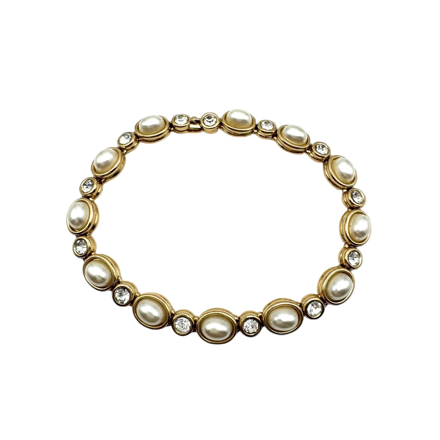 Oval Faux Pearl and Round Crystal Chain Link Bracelet 21cm