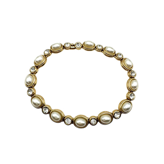Oval Faux Pearl and Round Crystal Chain Link Bracelet 21cm