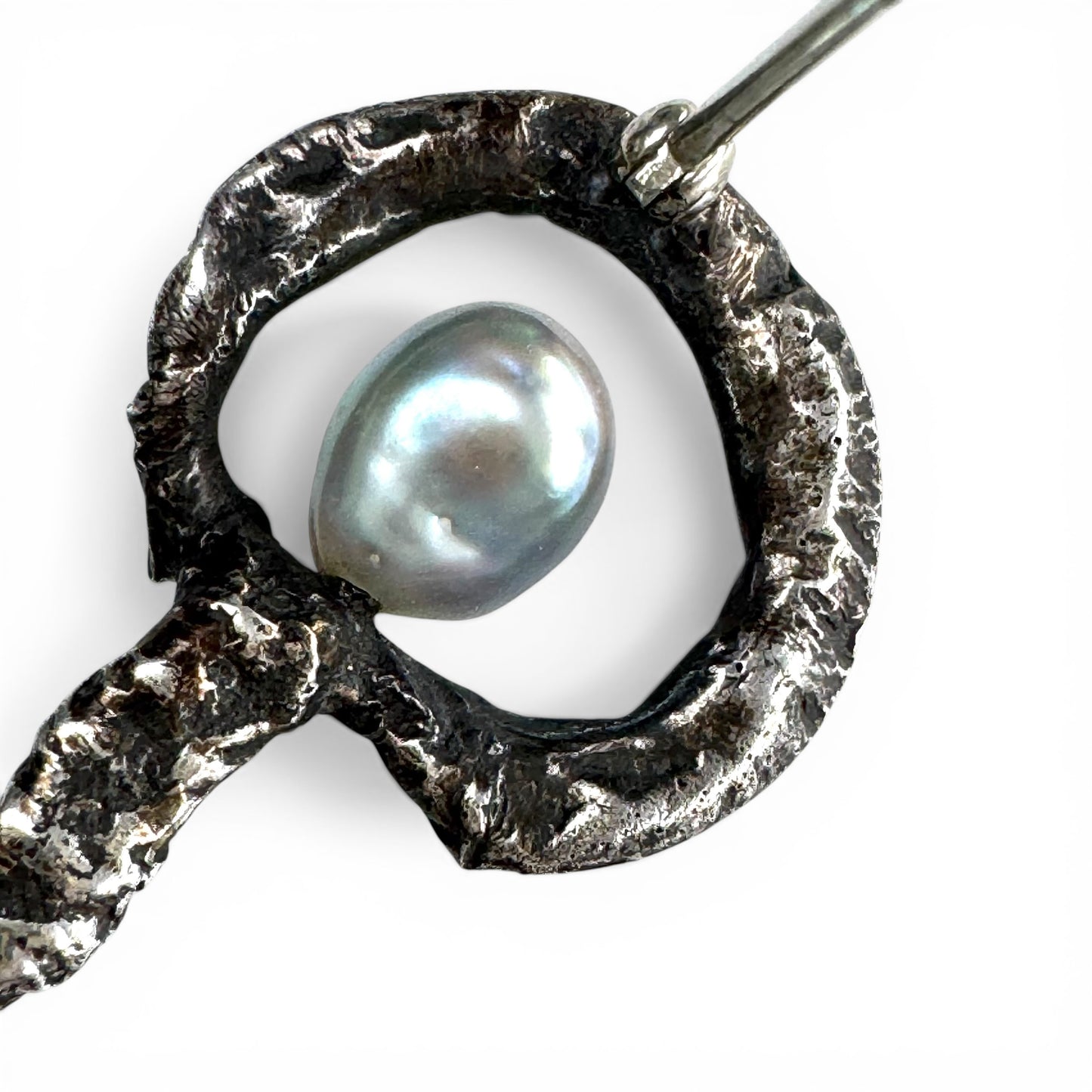 Vintage Sterling Silver Handcrafted Organic Freeform Key Brooch with Baroque Cultured Pearl and Green Stone Accents