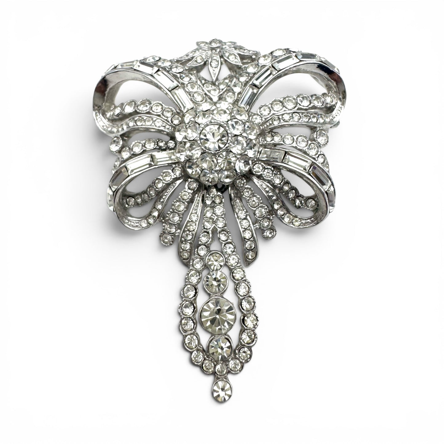 Attwood and Sawyer Rhodium Plated and Swarovski Crystal 'Minuet' Bow Brooch