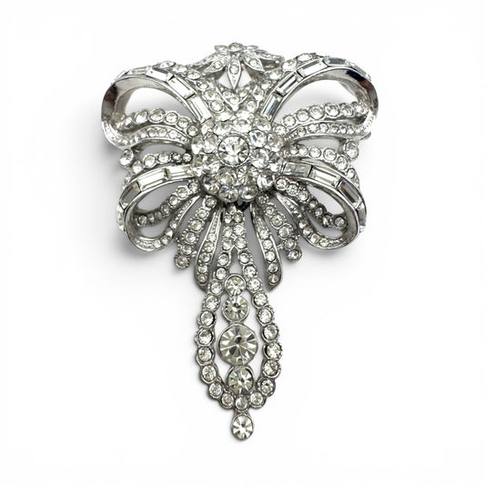 Attwood and Sawyer Rhodium Plated and Swarovski Crystal 'Minuet' Bow Brooch