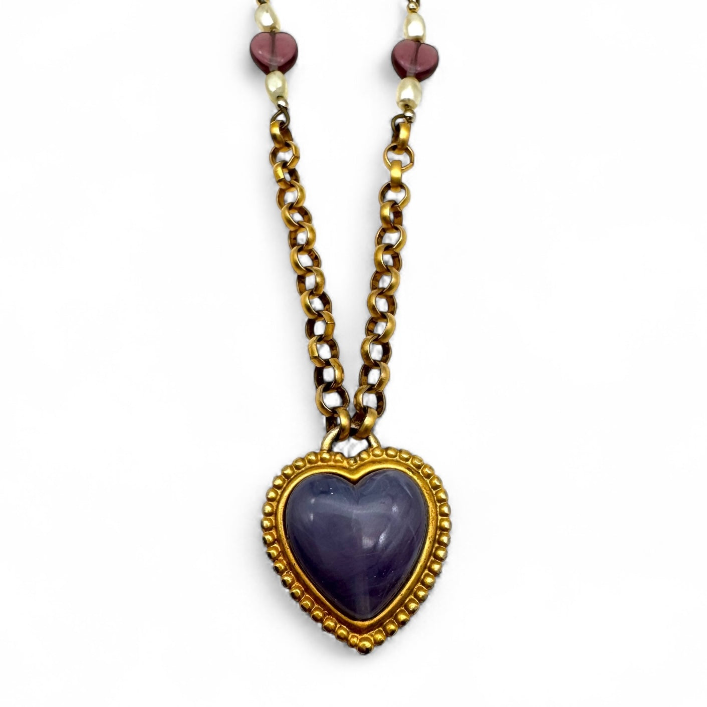 Leslie Block Matte Gold Plated Heart-Shaped Lilac Art Glass Pendant Necklace with Glass and Faux Pearl Bead Accents