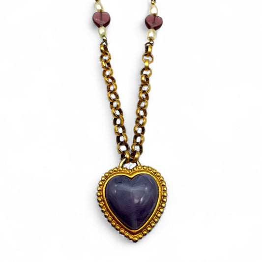 Leslie Block Matte Gold Plated Heart-Shaped Lilac Art Glass Pendant Necklace with Glass and Faux Pearl Bead Accents