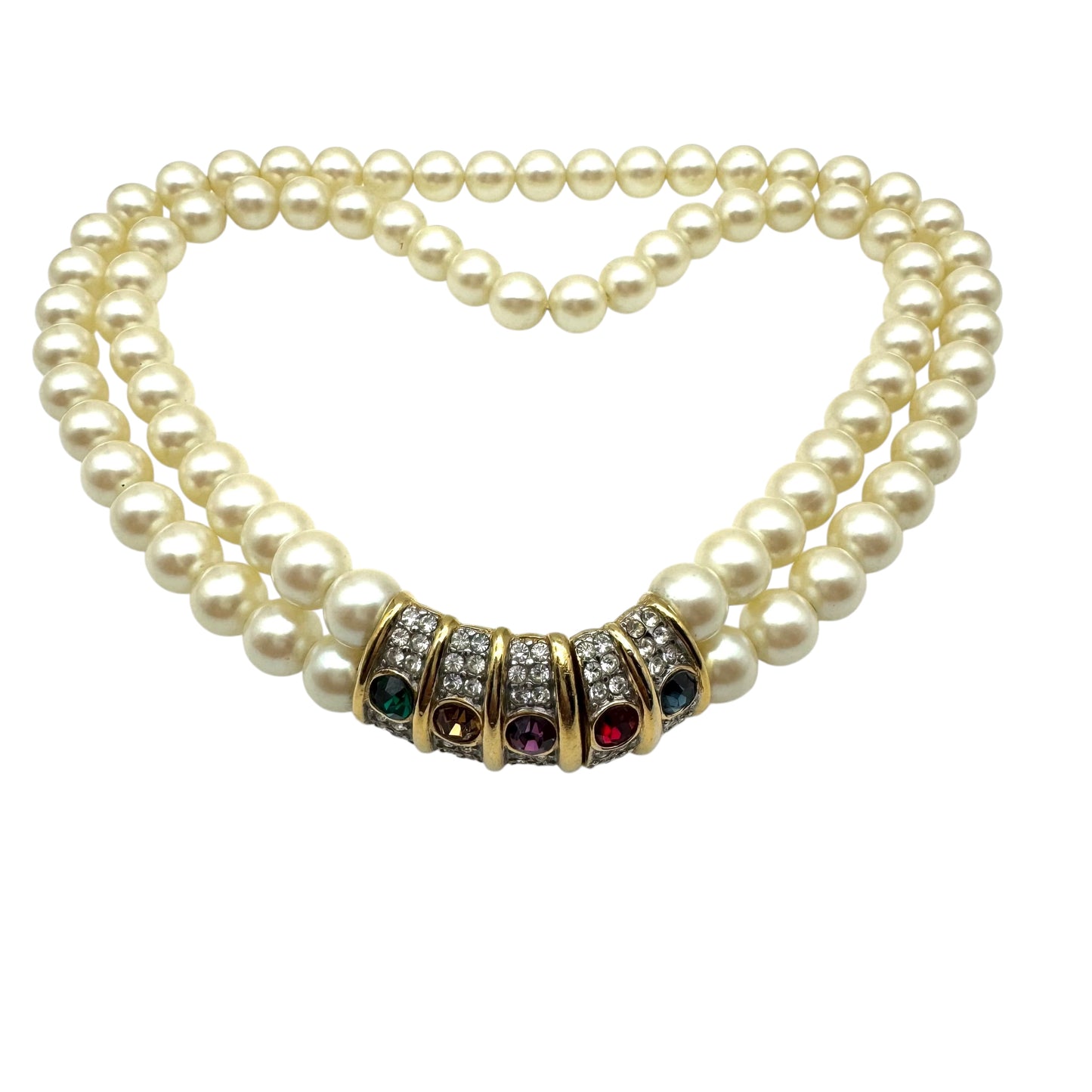 Richelieu Victoria Pat Pend 1980's Double Row Faux Pearl Front Clasp Necklace