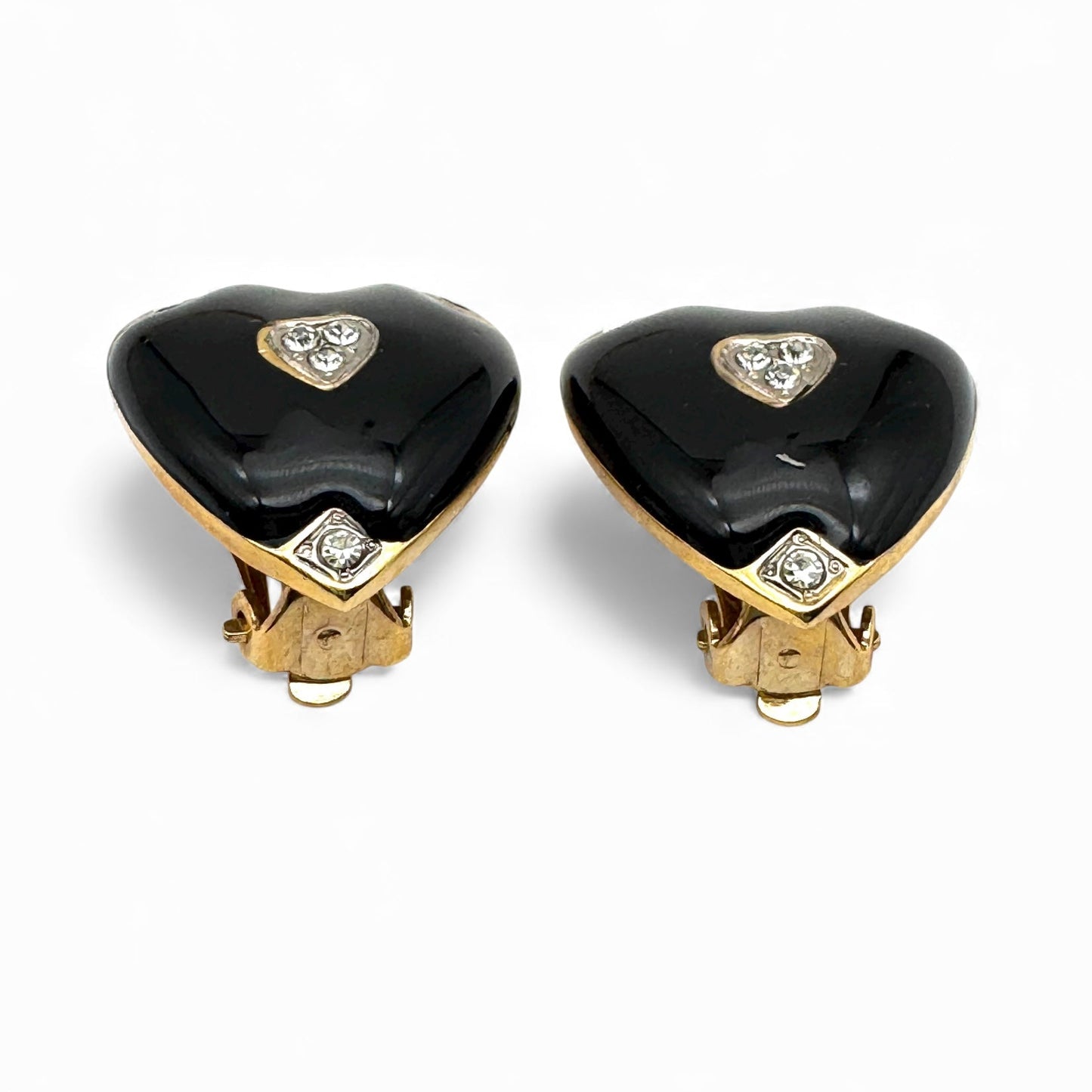 Joan Collins Black Enamel Heart with Swarovski Crystal Accents Clip On Earrings