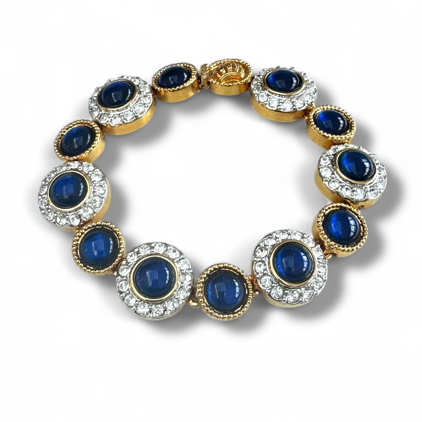 Crown Mark Blue Glass Cabochon and Crystal Gold Plated Bracelet