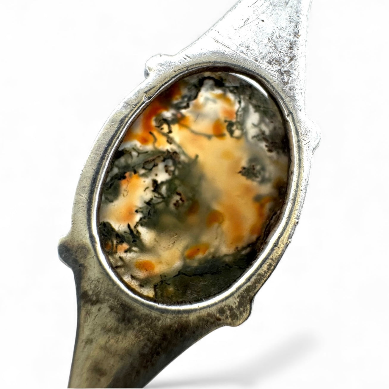 Victorian Scottish Carnelian Moss Agate and Marcasite Silver C Clasp Bar Brooch c. 1880–1900