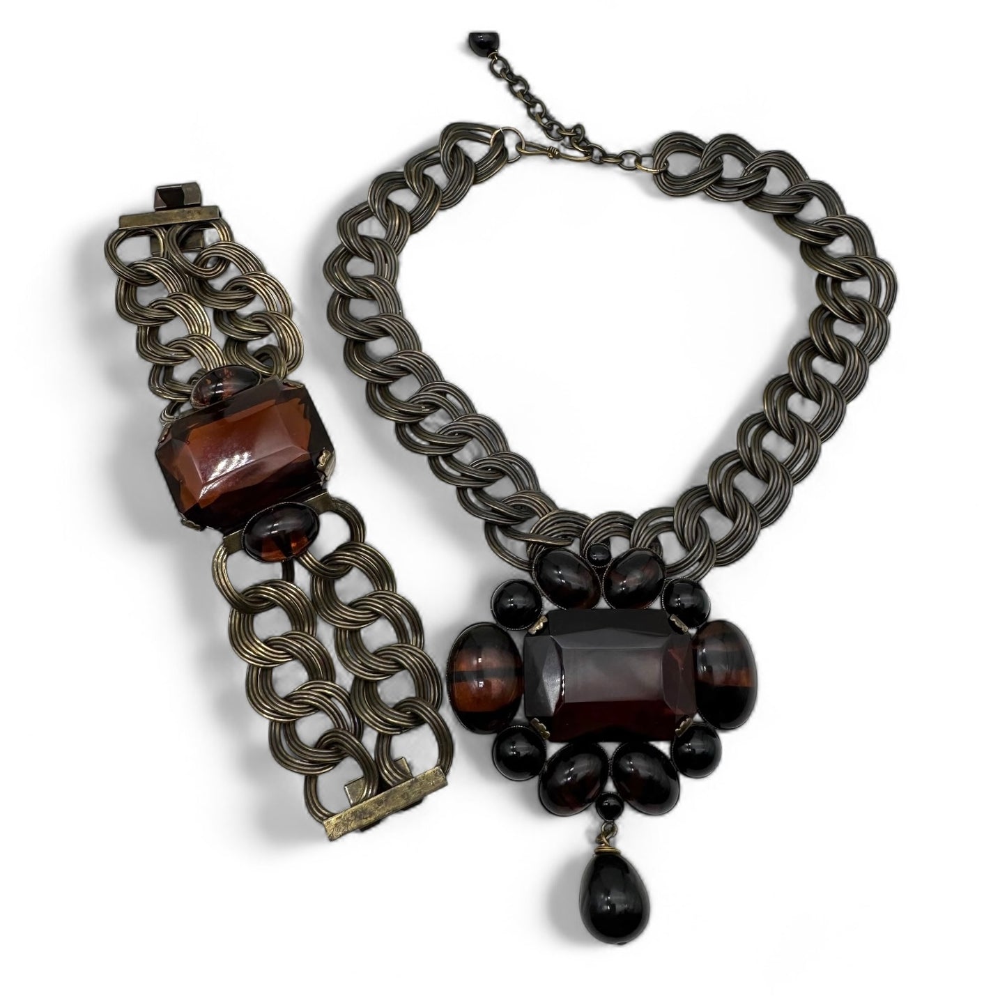 Philippe Ferrandis Huge Antique Bronze Double Flat Link Brown, Black and Striped Topaz Glass Statement Necklace and Bracelet Set